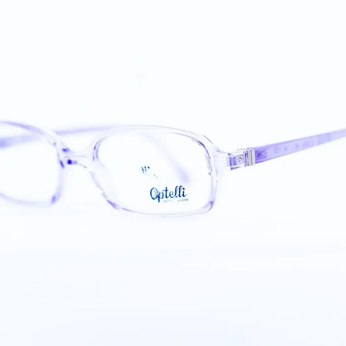 Monture Optelli violet transparent – design rectangulaire.webp